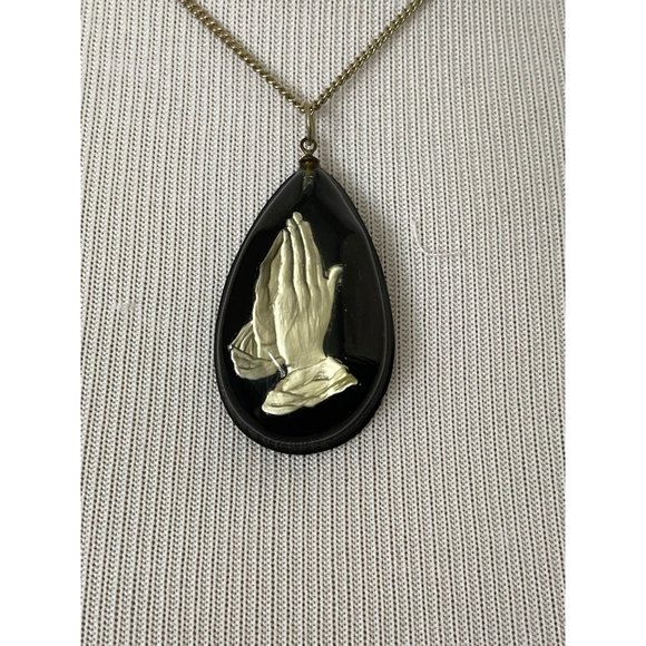 Vintage/Antique Epoxy Prayer Hands Black Teardrop Pendant Chain Necklace - Picture 3 of 12